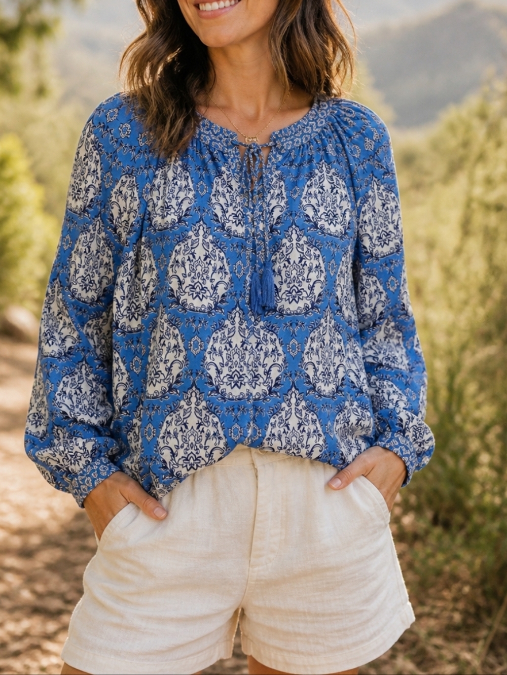 Rose + Olive Blue & White Printed Blouse | Boho Peasant Long Sleeve Top